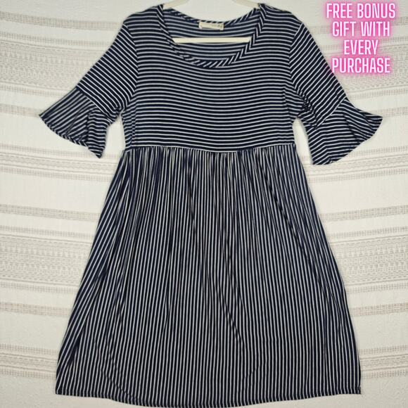 Forever Rose Couture Navy White Stripe Ruffle Sleeve Dress Size XL New - Picture 1 of 7